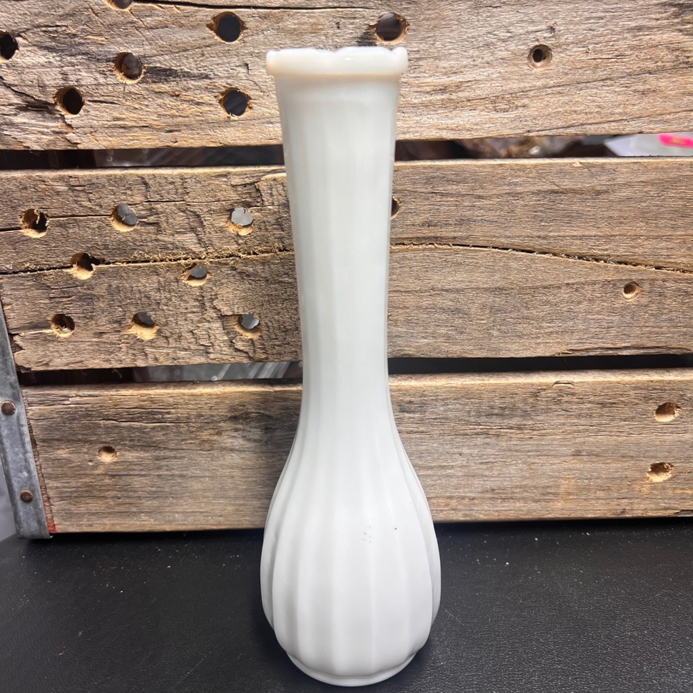Vintage Milk Glass Bud Vase 9 Inch Paneled Scalloped Rim White Glass Vase